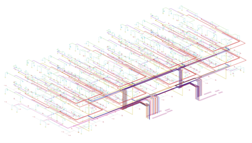 Detailed 3D visualization of the IG541 gas suppression system piping layout in Glodon Cubicost TME, displaying multiple layers of interconnected pipelines for fire protection system design and cost estimation accuracy.